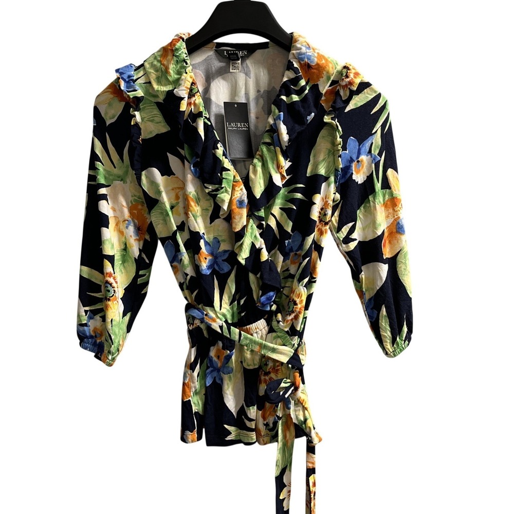 Lauren Ralph Lauren Top Navy Floral Faux Wrap Size XXS Tie Waist Ruffle Tropical